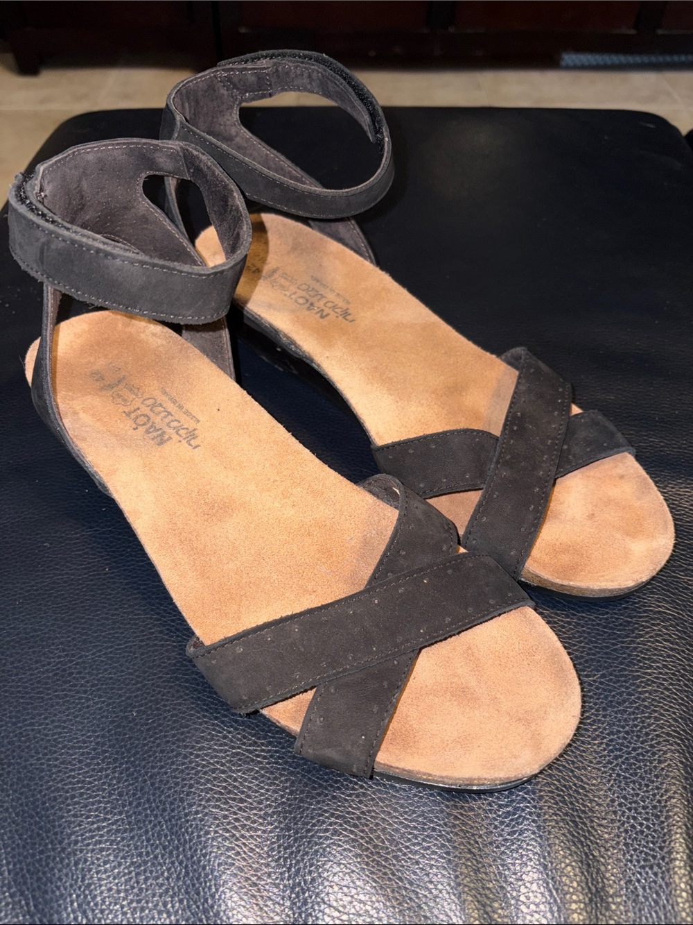 Black Naot Wand Wedge Ankle Strap Sandals